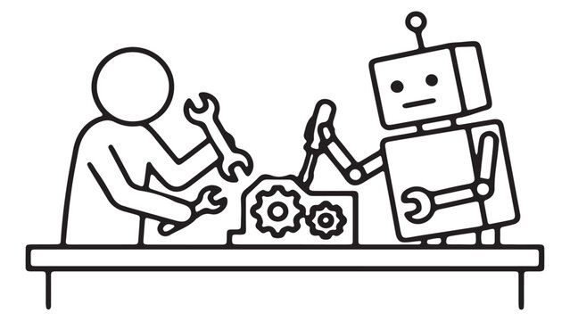 Human and robot collaborator working together fixing machinery on workbench, artificial intelligence partnership concept, line art style.