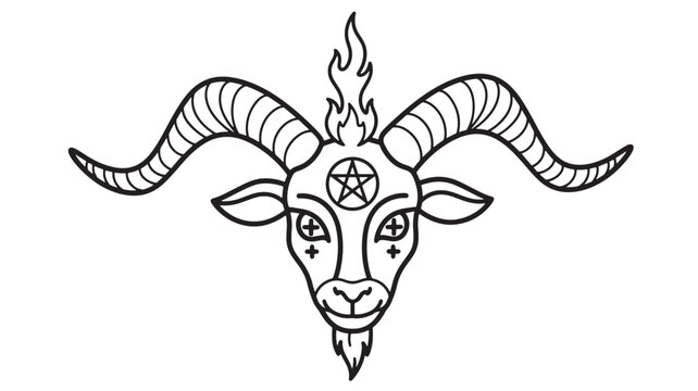 Goat head symbol with pentagram and flames, illustrative design with stark black lines on white background for graphic art.