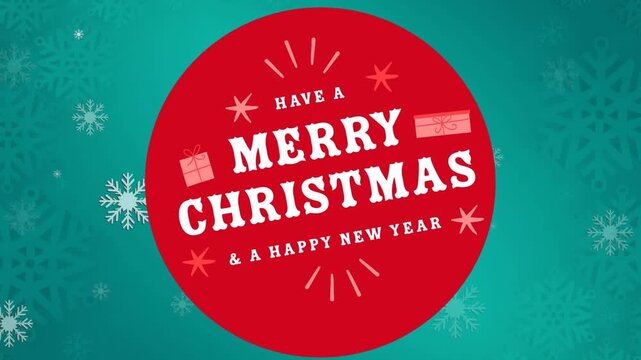 Animation of have a merry christmas and a happy new year text over snowflakes on green background