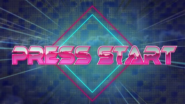 Animation of press start text banner over blue light trails and clouds in the sky