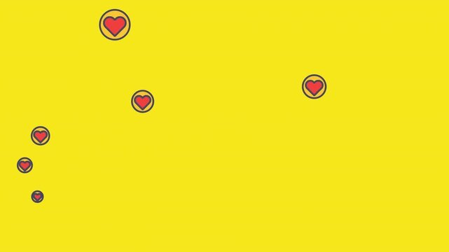 Animation of heart shape in circles floating against yellow background