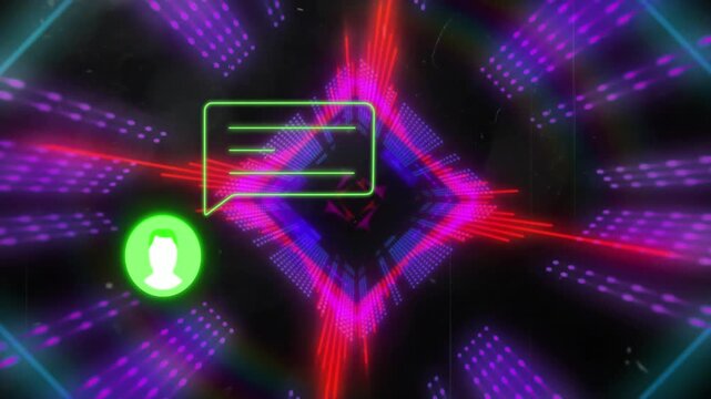Animation of profile icon and speech bubble over moving multicolored rhombus tunnel