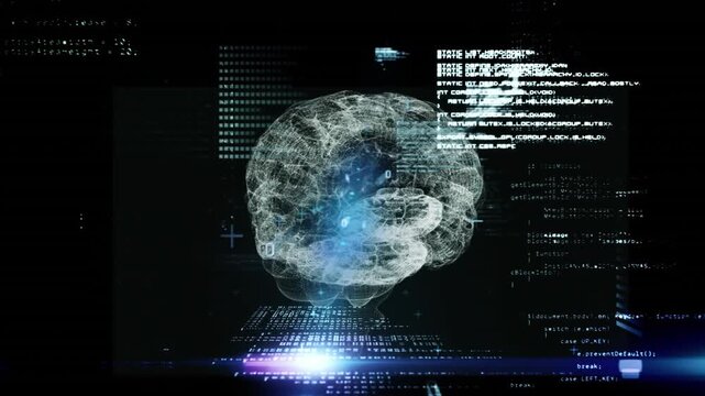 Animation of lens flares, binary codes and programming language over digital brain
