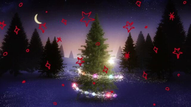 Animation of stars in seamless pattern and shooting star over christmas trees on winter landscape