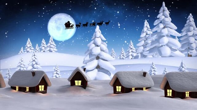 Animation of snow falling over winter landscape against santa claus in sleigh pulled by reindeers