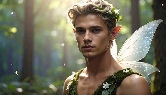 Elf man with glowing wings, adorned with foliage, stands in a sunlit forest