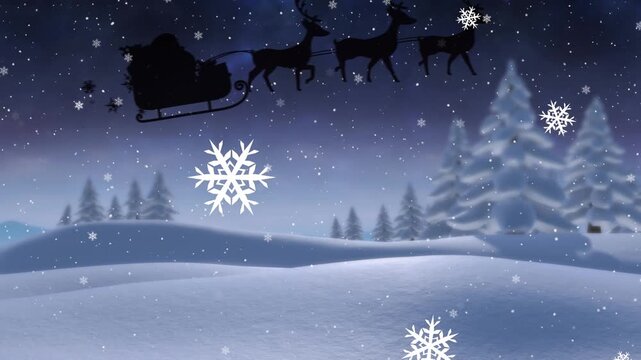Animation of santa claus in sleigh with reindeer over snow falling and christmas winter scenery