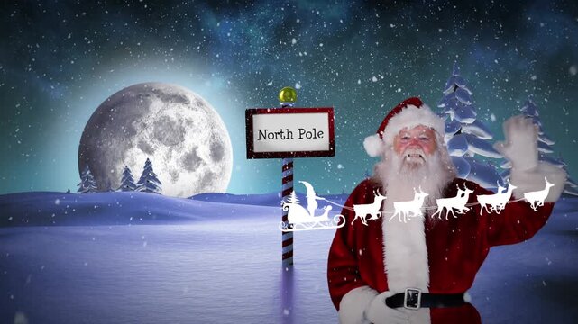 Animation of santa claus in sleigh with reindeer over snow falling in winter scenery