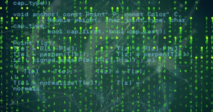 Animation of binary coding and data processing over globe of plexus networks on green background