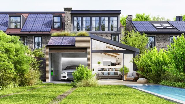 Modern Solar Powered Home with Electric Car Charging in Garage