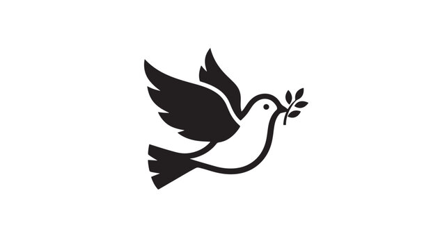 Dove of peace icon with an olive branch in its beak against a white background, symbolizing hope and tranquility.
