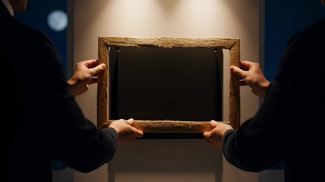 Two Pairs of Hands Placing a Textured Wooden Frame Onto a Blank Screen in a Dark Room