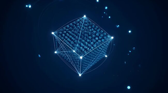 Abstract glowing cube network structure in blue cyberspace with connected nodes