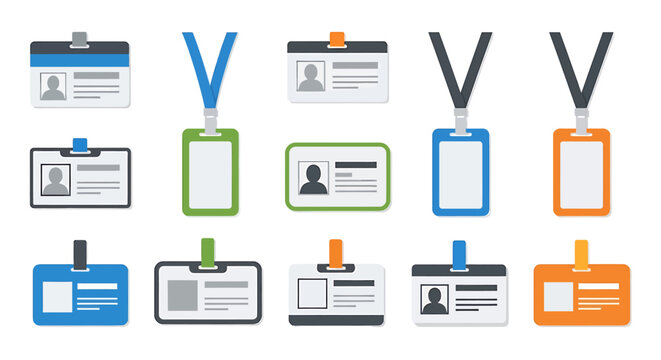 Collection of various employee identification badges with different designs and colors for security and access control.