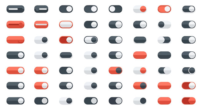 Collection of various toggle switch icons in different colors and states for UI design.
