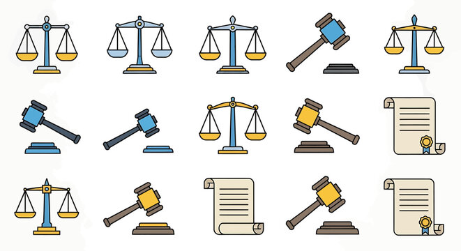 Legal Justice and Courtroom Symbols - Scales, Mallets, and Documents.