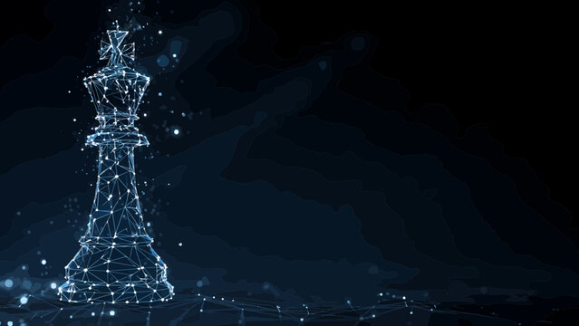 A single chess king piece is rendered as a glowing blue digital network against a dark background, representing strategic power.