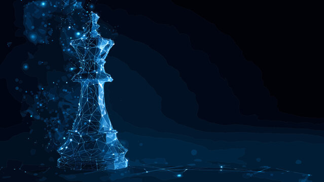 A chess king piece dissolves into a glowing blue digital particle network, symbolizing strategic dissolution or transformation.
