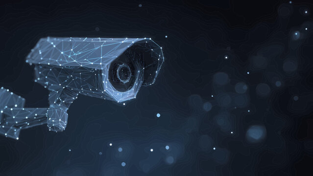 A digital surveillance security camera is depicted with a glowing polygonal mesh network overlay.