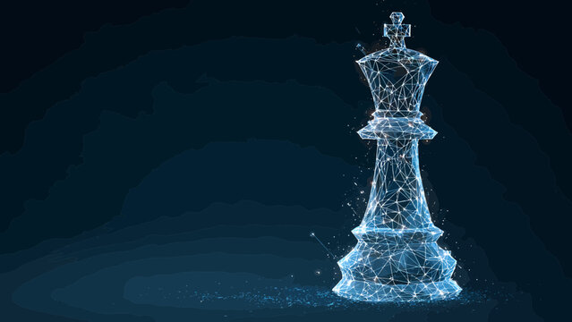 King chess piece constructed from a digital network of glowing blue lines and particles symbolizes strategic thinking and leadership in business or games.