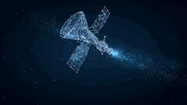 Satellite rendered as a wireframe digital network with glowing blue elements orbits in a dark space, signifying space exploration and satellite technology.