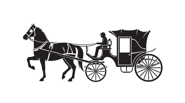Horse drawn carriage with driver and passengers, presented as a black silhouette on a white background, conveying vintage transportation.
