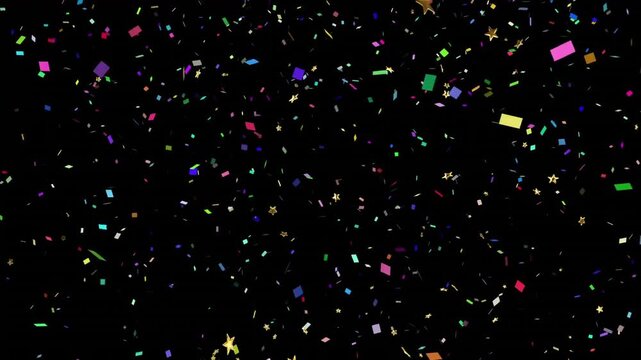 Falling colorful confetti animation on black background, creating festive atmosphere