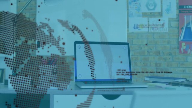 Laptop on desk with digital world map and coding animation overlay