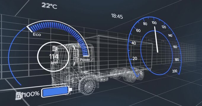 Truck wireframe with speedometer and battery indicators on digital dashboard animation