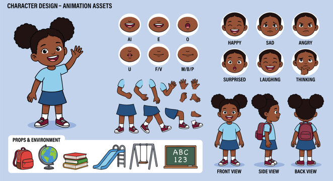 Character animation kit with a young black girl character, expressions, limbs, and school props