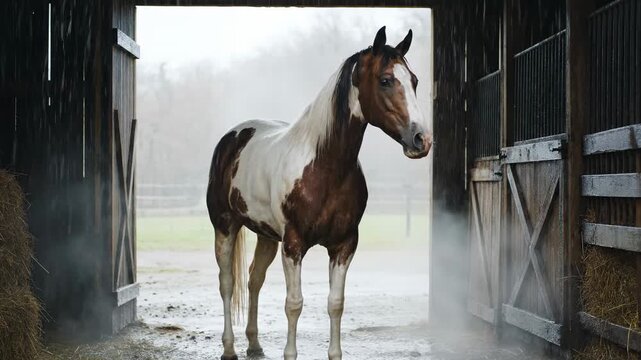 Horse stands regally inside a barn in a downpour, looking directly at the viewer