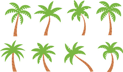 Tropical palm tree vector collection featuring various green coconut trees with brown trunks in a flat cartoon style isolated on white background for design. © Mdjuyel