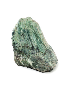 Raw Green Kyanite Mineral Stone Isolated on White Background, Natural Crystal Specimen Close-Up Texture