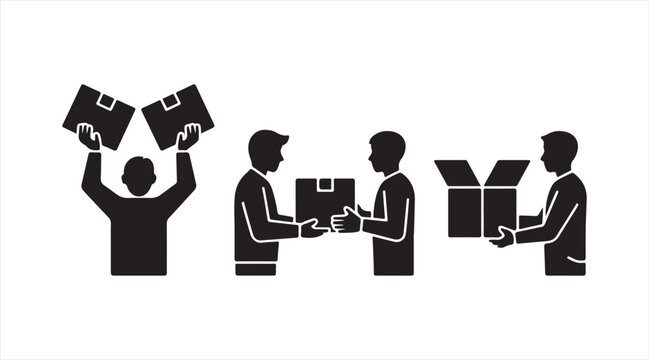 Collection of business teamwork icons with people exchanging documents, collaboration and workflow concepts in minimal vector style