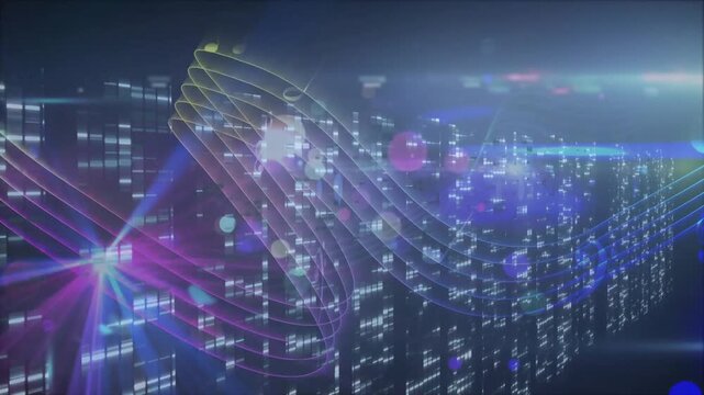 Magenta node emerging from city emitting coil sending electric-blue wave forming treble clef motif