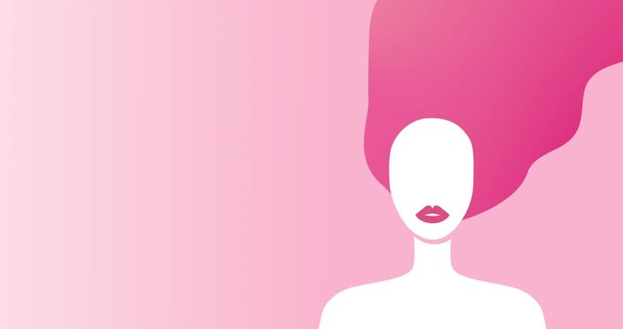 Feminine Empowerment Animated Motion Background in Pink colors. Woman Silhouette with Wind-Blown Hair Flat Vector Seamless Loop. Copy Space
