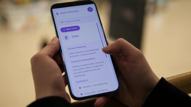 User explores a modern Dream Interpreter app on a smartphone. Selecting the Child symbol reveals psychological insights and hidden meanings. Perfect for tech, lifestyle, and spiritual wellness content