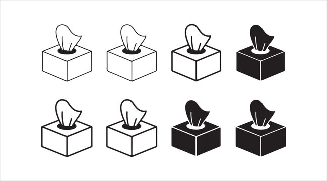 Collection of tissue box icons representing hygiene, napkin dispenser and paper tissue container in minimal vector style