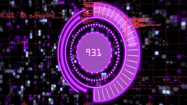 Dark backdrop flickering code initiating purple HUD rotating and updating readout for data flow