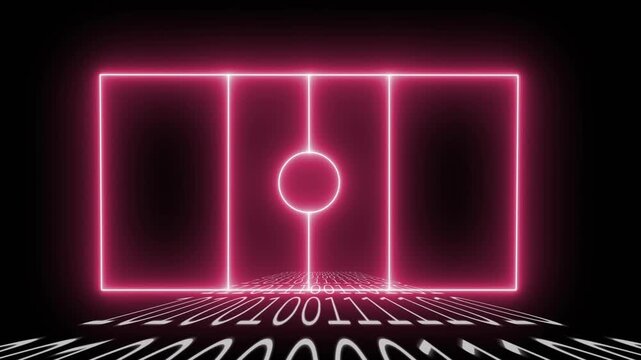 At start vertical neon bar appearing, bars and circle forming frame for display against void
