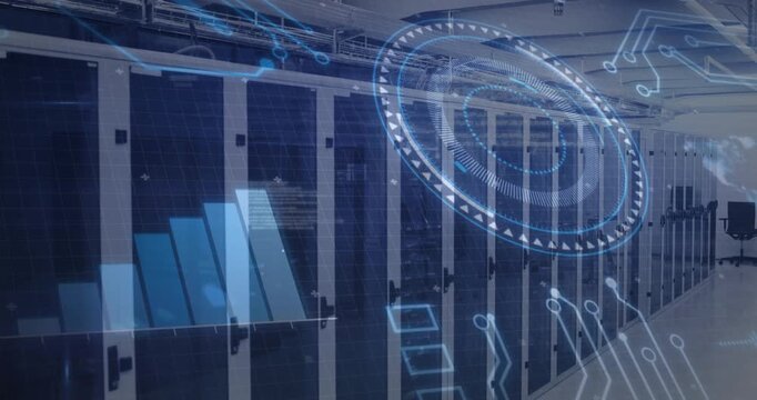 On scan server racks receiving blue HUD, rotating dial, rising bars, pulsing lines, showing metrics