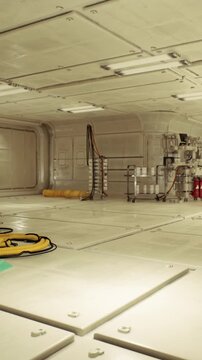 bright modular assembly bay with stacked equipment and safety ladder, green tarpaulin covering components, service cart and tool chest positioned for technician