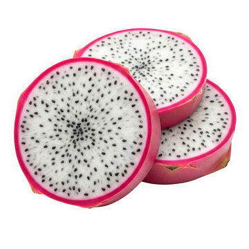 Three sliced dragon fruit pieces with white flesh and black pitaya des