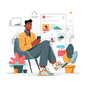 Person seated in chair browsing mobile online shoe store with floating product interface, plants and shopping bags