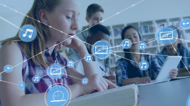 Girl reading book in library single blue icon emerging and forming study nodes over peers' devices