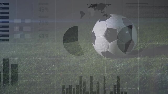 HUD graphics appearing and expanding, obscuring soccer ball while visualizing match analytics