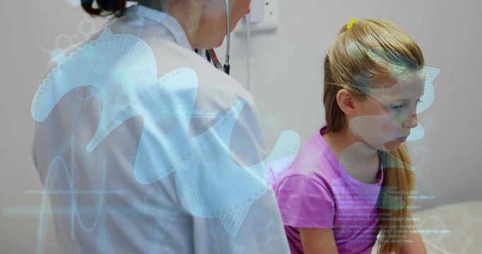 Clinician touching kid forearm using steth to assess lungs and heart with medical overlay appearing