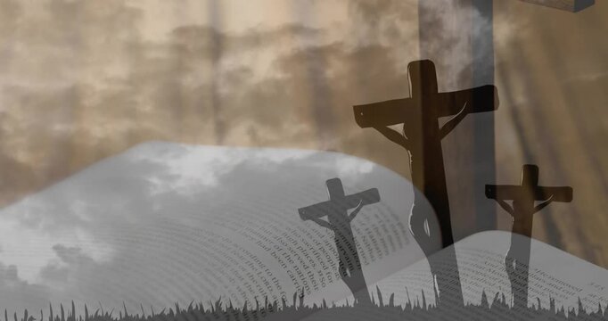 Clouds drifting, open book holding front, crosses darkening and shifting upward, evoking faith mood