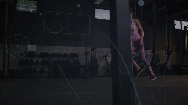 Preparation crouch initiating woman performing lateral shuffles, hops, lunges for agility training