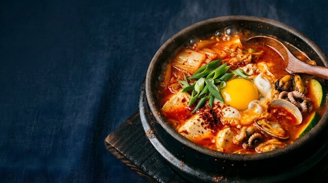 Korean Sundubu Jjigae Soft Tofu Stew with Egg Mushroom and Green Onion in Stone Pot, Spicy Traditional K-food, Korean Comfort Food